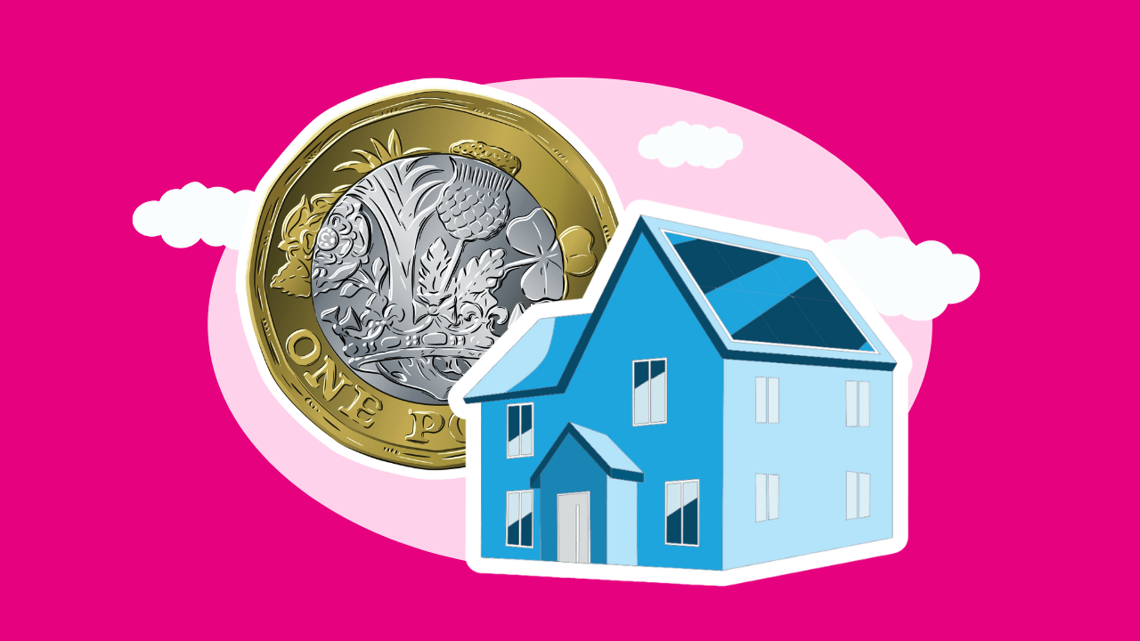 picture of a house with solar panels and an enlarged pound coin in the background