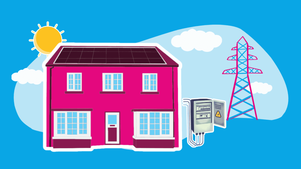 pink house with solar panels showing it's connected tot he grid