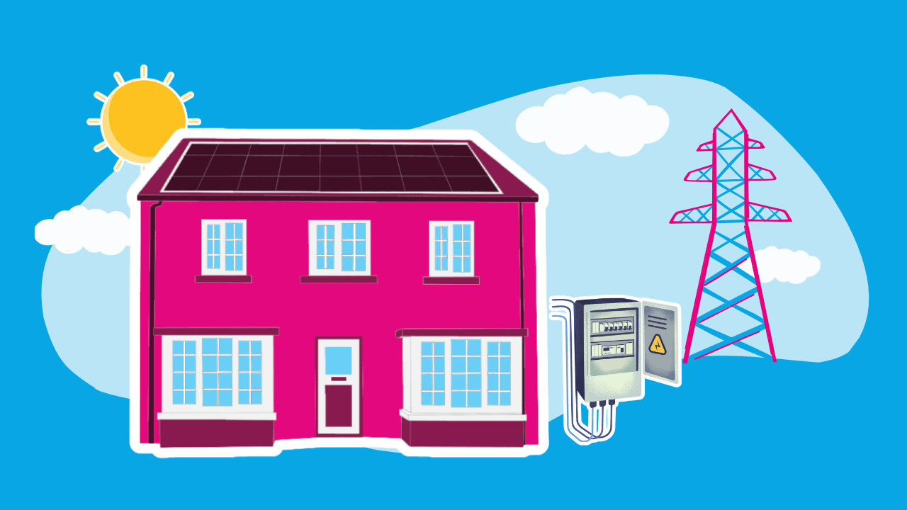 pink house with solar panels showing it's connected tot he grid